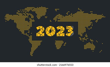 Icono vectorial de 2023 años. Fondo del mapa mundial. Elemento para negocios, diseño web, infografía, año nuevo
