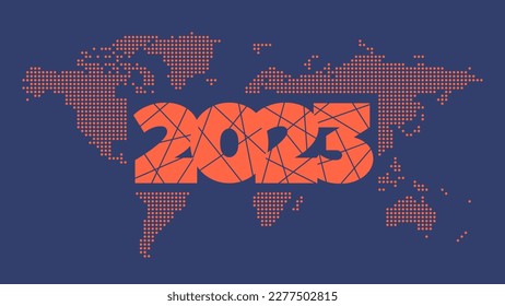 Icono vectorial de 2023 años. Fondo del mapa mundial. Elemento para negocios, diseño web, infografía, año nuevo