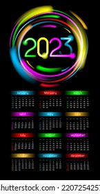 2023 year vertical calendar with neon circle frame with golden glow on black background. Vector glitter design background for business organizer, poster. Hi-tech digital style