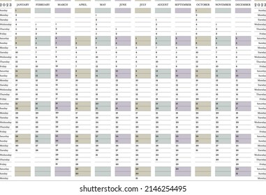 2023 yearly calendar, 12 months large wall planner Sunday start, horizontal calendar