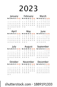 2023 Yearly calendar template, vertical A4 format, week starts Monday. Annual calendar template for business office. Big letter size wall calendar. Elegant annual planner on white background