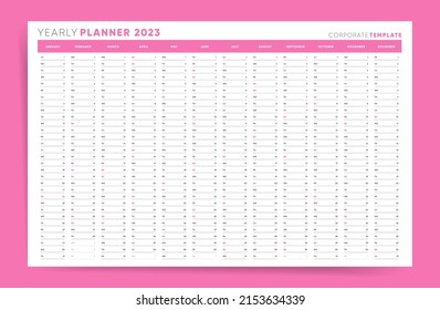 2023 yearly pink planner template. Vector corporate team work design calendar for whole 2023 year. svg
