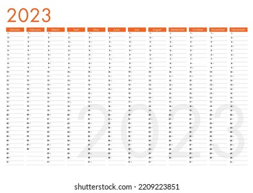 2023 Yearly planner. Horizontal Wall calendar design template. Annual orange printable wall planner, diary, activity template - with dates, days of the month and space for personal notes. - Vector