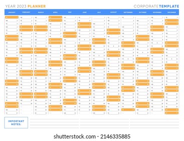 2023 yearly planner template. Vector corporate team work design calendar for whole 2023 year. 