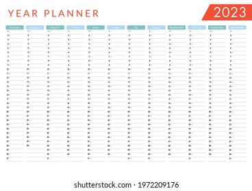 2023 Yearly wall planner. Calendar vector design template. Horizontal annual worldwide printable planner. Blue, white, red.