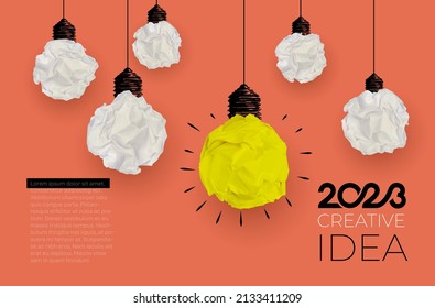 2023 and yellow light bulb on terracotta background. Idea concept. White bulbs do not glow, but yellow with an idea 2023. Business concept. Vector cartoon isolated on red background.