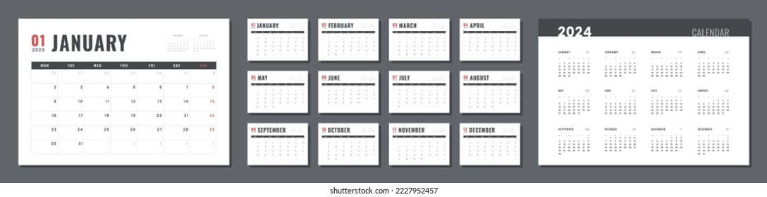 Vorlage für den Kalenderplan 2023-2024 festgelegt. Vektor-einfache Rastergestaltung für Wand- oder Schreibtischkalender mit Wochenstart am Montag für Druck