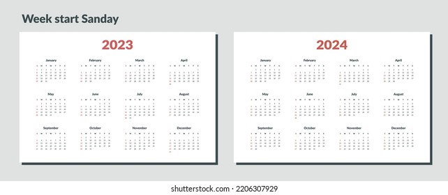 2023-2024 Calendar Template. Vector layout of a wall or desk simple calendar with week start sunday.