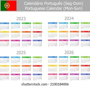 2023-2026 Calendario portugués tipo-1 Mon-Sun sobre fondo blanco