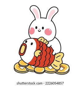 2023.Cute rabbit stay on fish and gold money on background.Animal character cartoon design.Chinese new year.Kawaii.Vector.Illustration.