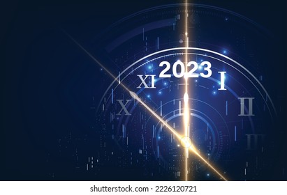 2023Happy New Year banner with  round clock. Vector illustration.