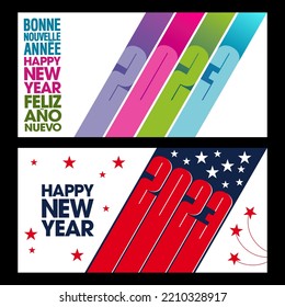 2023-Two greeting cards with original and modern graphics on the bias - a card with acid colors and another inspired by the American flag.