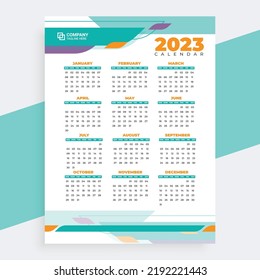The 2023-year calendar vector with abstract shapes and blue color. Minimal business calendar design for the new year. 2023 New year calendar with weekend calculation. The week starts on Sunday.