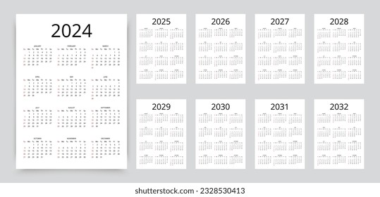 2024, 2025, 2026, 2027, 2028, 2029, 2030, 2031, 2032 years calendar. Week starts Sunday. Simple calender template. Planner layout with 12 months. Yearly diary. Organizer in English Vector illustration svg