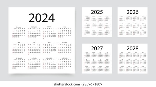 2024, 2025, 2026, 2027, 2028 calendars. Calender templates. Week starts Sunday. Desk planner layout. Yearly diary with 12 month. Organizer in English. Scheduler in simple design.  Vector illustration svg