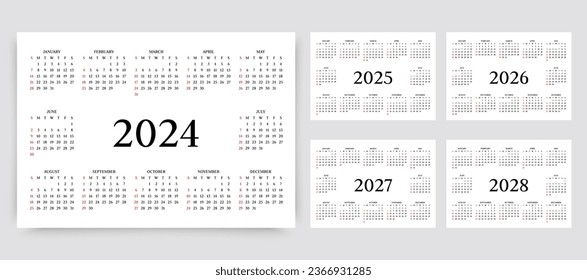2024, 2025, 2026, 2027, 2028 calendars. Yearly template of pocket or wall calenders. Week starts Sunday. Stationery organizer with 12 months. Vector illustration.  Layout grid in landscape orientation svg