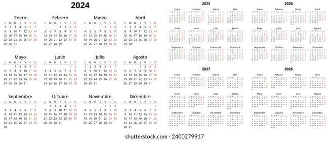 2024, 2025, 2026, 2027, 2028 vertical spanish calendars. Printable vector illustration set for Spain. Plan your year with calendar style