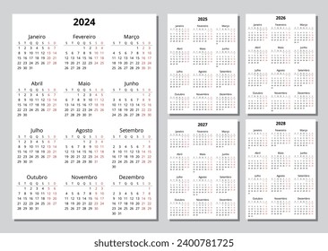 2024, 2025, 2026, 2027, 2028 vertical portuguese calendars. Printable vector illustration set for Portugal. Plan your year with calendar style