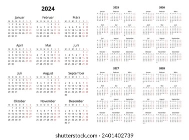 2024, 2025, 2026, 2027, 2028 vertical german calendars. Printable vector illustration set for Germany. Plan your year with calendar style