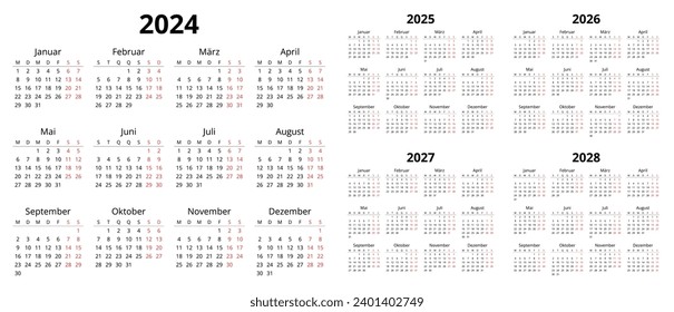 2024, 2025, 2026, 2027, 2028 german calendars. Printable vector illustration set for Germany. Plan your year with calendar style