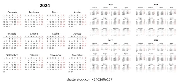 2024, 2025, 2026, 2027, 2028 italian calendars. Printable vector illustration set for Italy. Plan your year with calendar style svg