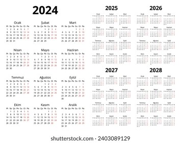 2024, 2025, 2026, 2027, 2028 vertical turkish calendars. Printable vector illustration set for Turkey. Plan your year with calendar vertical style