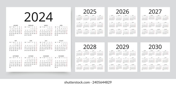 2024, 2025, 2026, 2027, 2028, 2029, 2030 calendars. Calender templates. Week starts Monday. Yearly planner layout with 12 month. Vector illustration svg