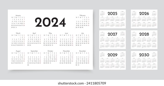 2024, 2025, 2026, 2027, 2028, 2029, 20230 years calendar. Week starts Monday. Pocket or wall calendars layouts. Simple calender. Planner template with 12 month. Yearly organizer. Vector illustration