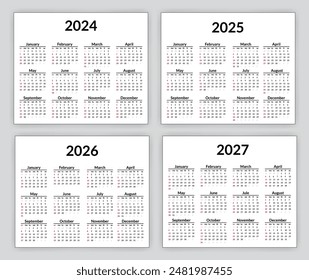 2024, 2025, 2026 and 2027 calendar set. Week starts on Sunday. Simple calendar layout. Yearly diary. Minimal stationery template with 12 months, in English. Pocket or wall formats