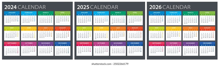 2024, 2025, 2026 Calendar - illustration. Template. Mock up Week starts Sunday