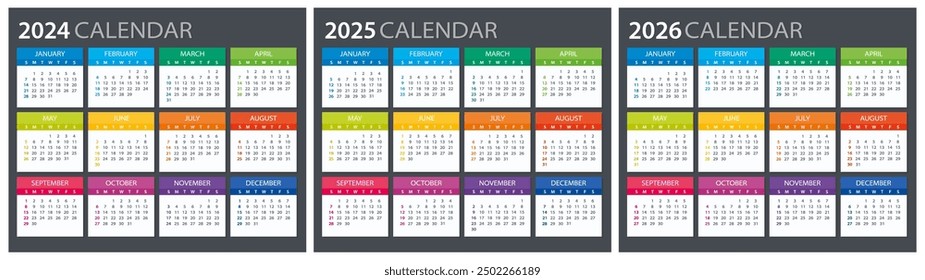 2024, 2025, 2026 Calendar - illustration. Template. Mock up Week starts Sunday