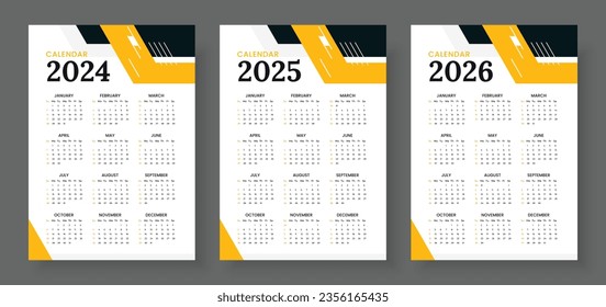 2024, 2025 and 2026 calendar set, Week start Sunday, Simple vertical calendar design template. Corporate design planner template. Wall calendar in a minimalist style