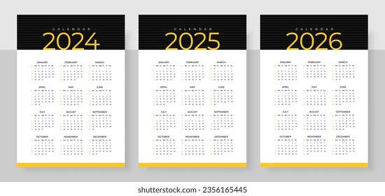 Calendario 2024, 2025 y 2026, Semana de inicio Domingo, Plantilla de diseño de calendario vertical simple. Calendario de pared de estilo minimalista. Plantilla de planificación de diseño corporativo