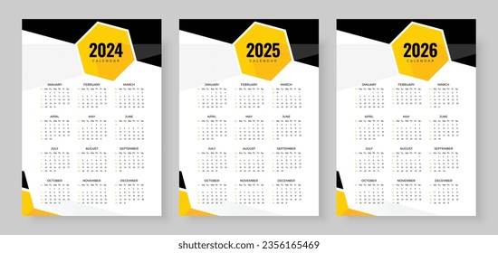 2024, 2025 and 2026 calendar set, Week start Sunday, Simple vertical calendar design template. Wall calendar in a minimalist style. Corporate design planner template