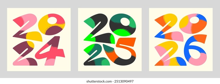 2024, 2025, 2026 numbers shapeshifting graffiti lettering, typographic composition. Bold distorted cartoon characters inscribed in a square shape. Modern trendy hand drawn font. New Year template.
