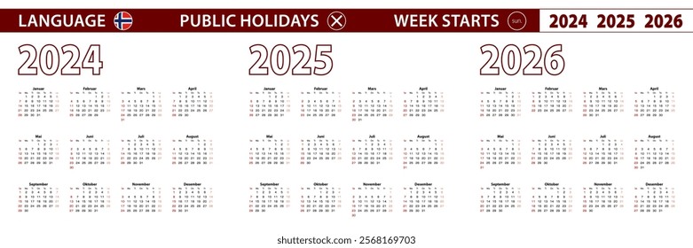 2024, 2025, 2026 year vector calendar in Norwegian language, week starts on Sunday. Vector calendar.