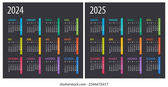 2024, 2025 Calendar - illustration. Template. Mock up Week starts Sunday