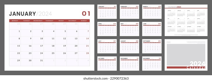 2024 - 2025 Calendar Planner Template. Vector layout of a wall or desk simple calendar with week start monday. Set of monthly, annual and cover page calendar in minimalist corporate design for print.