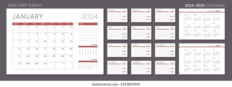 2024 - 2025 Calendar Planner Template. Vector layout of a wall or desk simple calendar with week start sunday. Set of monthly and annual page calendar in minimalist corporate design for print.