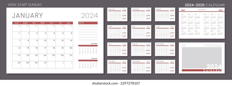 2024 - 2025 Calendar Planner Template. Vector layout of a wall or desk simple calendar with week start sunday. Set of monthly, annual and cover page calendar in minimalist corporate design for print.