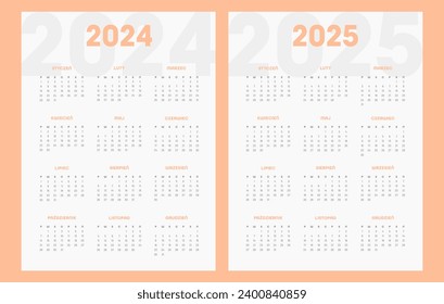 2024, 2025 calendar vector design template, simple and clean design. Calendar in Polish. The week starts on Monday.