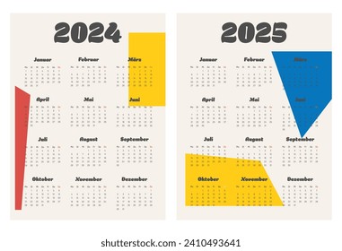 2024 2025 calendar vector design template, simple and clean design. Calendar in German. The week starts on Monday