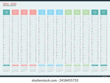 2024 - 2025 mid year wall planner. Academic year. Organizer, yearly planner template.