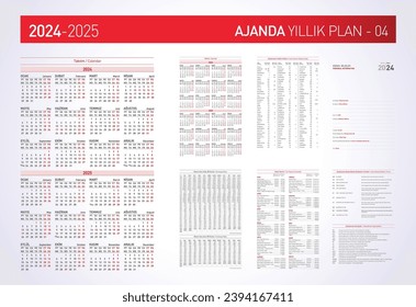 2024, 2025 Türkce Takvim ve Ajanda Yillik Plan Translation: Turkish Calendar Planner 2024, 2025 in Turkish language. Week start monday, corporate design planner template.