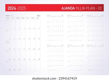 2024, 2025 Türkce Takvim ve Ajanda Yillik Plan Translation: Turkish Calendar Planner 2024, 2025 in Turkish language. Week start monday, corporate design planner template.