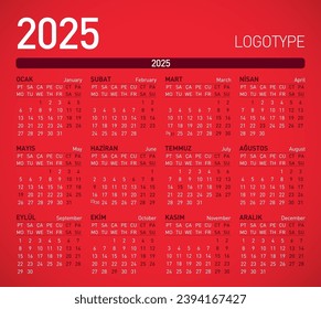 2024, 2025 Türkce Takvim ve Ajanda Yillik Plan Translation: Turkish Calendar Planner 2024, 2025 in Turkish language. Week start monday, corporate design planner template.