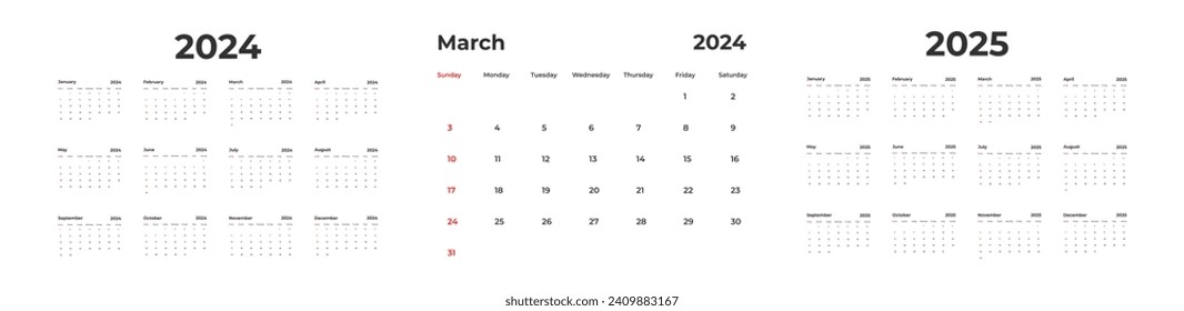 2024, 2025 year calendar. Desk planner template with 12 months. Week starts Sunday. Business schedule. Month date.