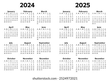 Calendários vetoriais em inglês de 2024 e 2025 com 12 meses em cores pretas