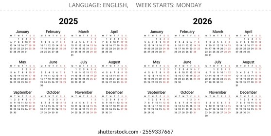 2024 and 2025 year english vector calendars with 12 months. Week starts monday