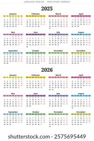 2024 and 2025 year english vector color calendars with 12 months. Week starts monday